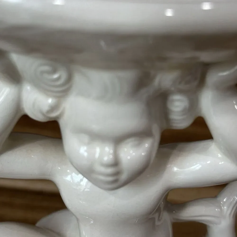 Vtg ‘60 Cherub Riding Dolphin Holding Shell Soap Dish - Holland Mold White Glaze